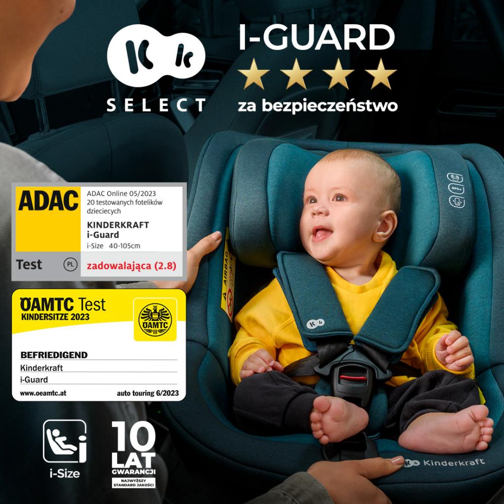 Dziecko siedzące w foteliku samochodowym I-GUARD marki Kinderkraft, który otrzymał certyfikat ADAC