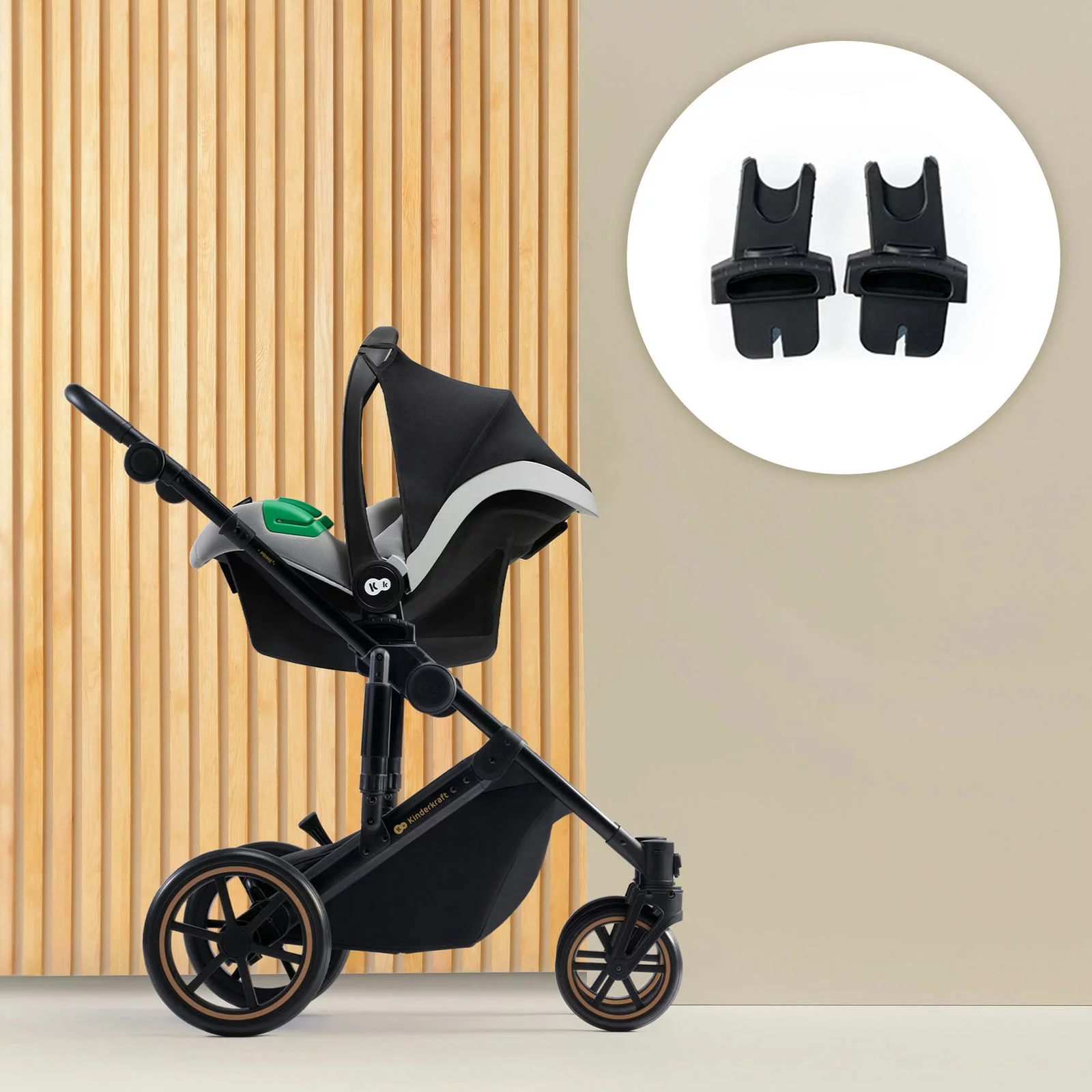 The car seat can be affixed to the pushchair frame	